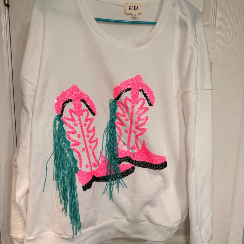 BiBi White Top with Pink and Teal Western Boot Design
